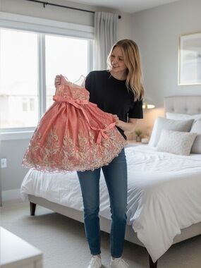 Cinderella Metallic Gold Leaf Brocade Pink Party Dress